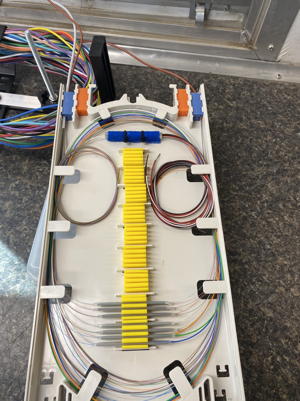 Splice tray holding coiled fiber in yellow splice protectors
